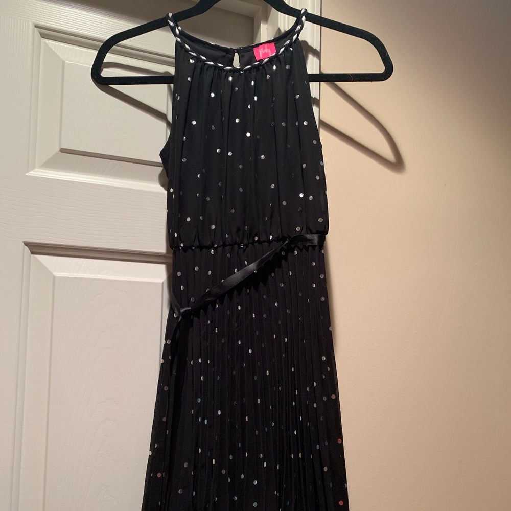 Black dress with silver polka dots